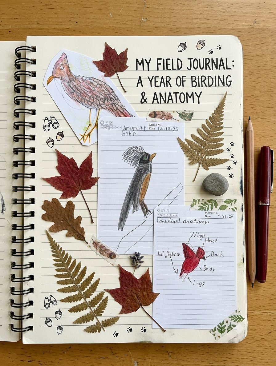 Student field journal spread: a year of birding and anatomy